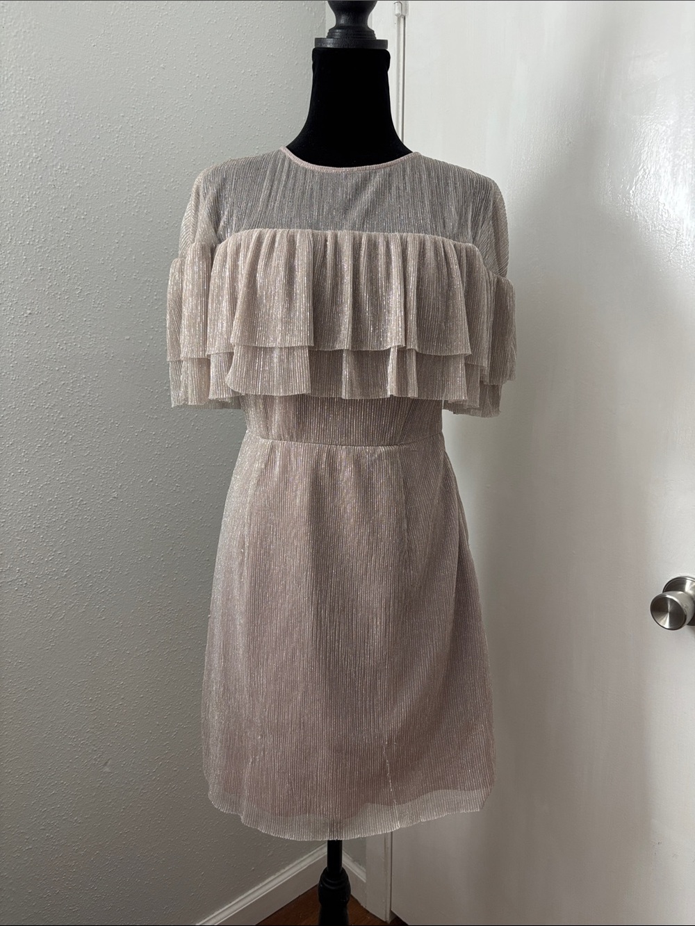 Gianni Bini Shimmery Layered Ruffle Mini Dress in Light Beige